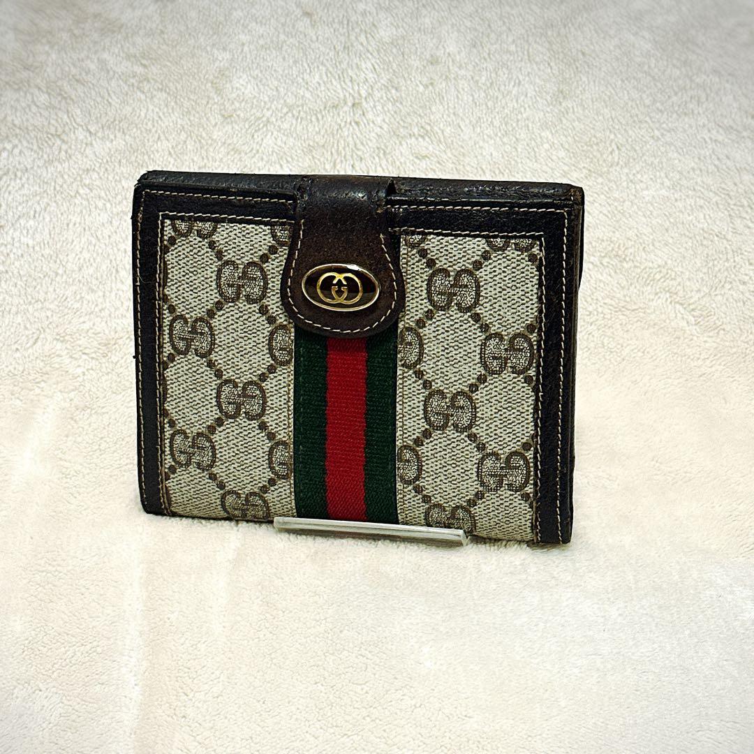 希少 オールドグッチ 二つ折り財布 シェリーライン GGスプリーム アクセコ 茶