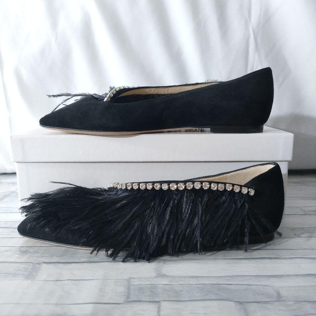 保存袋付き未使用品✨ジミーチュウ　スウェードフラットパンプス　フェザー×ビジュー