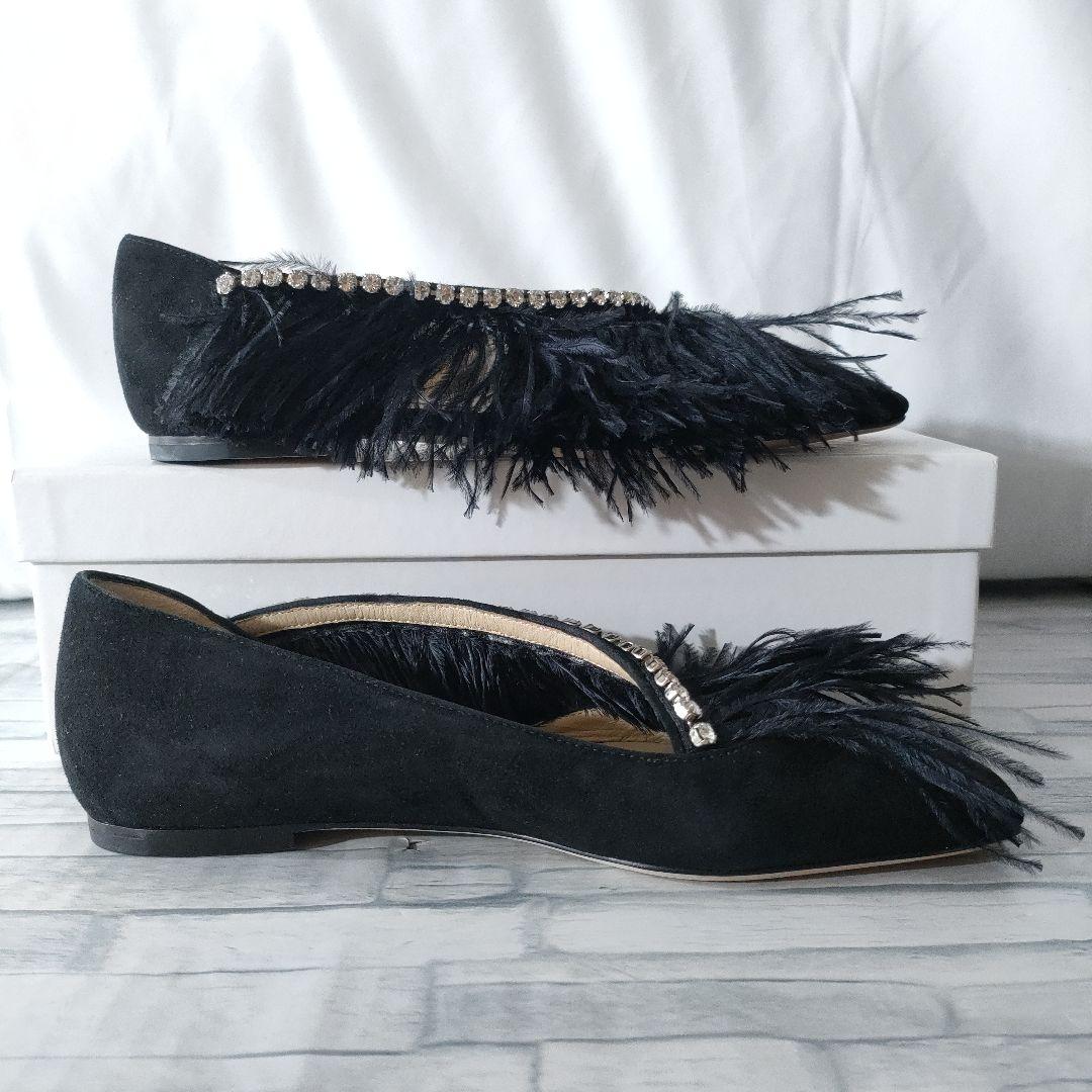 保存袋付き未使用品✨ジミーチュウ　スウェードフラットパンプス　フェザー×ビジュー