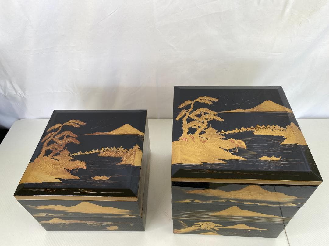 明治期？古漆器 富士風景図変わり 金蒔絵 五段重箱 a0386