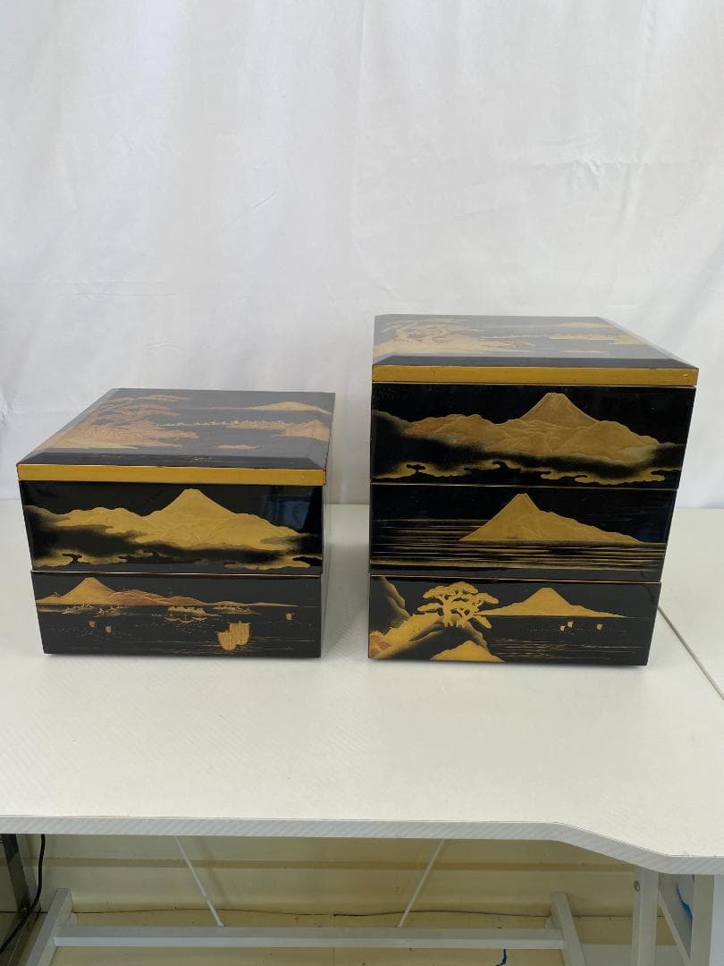明治期？古漆器 富士風景図変わり 金蒔絵 五段重箱 a0386
