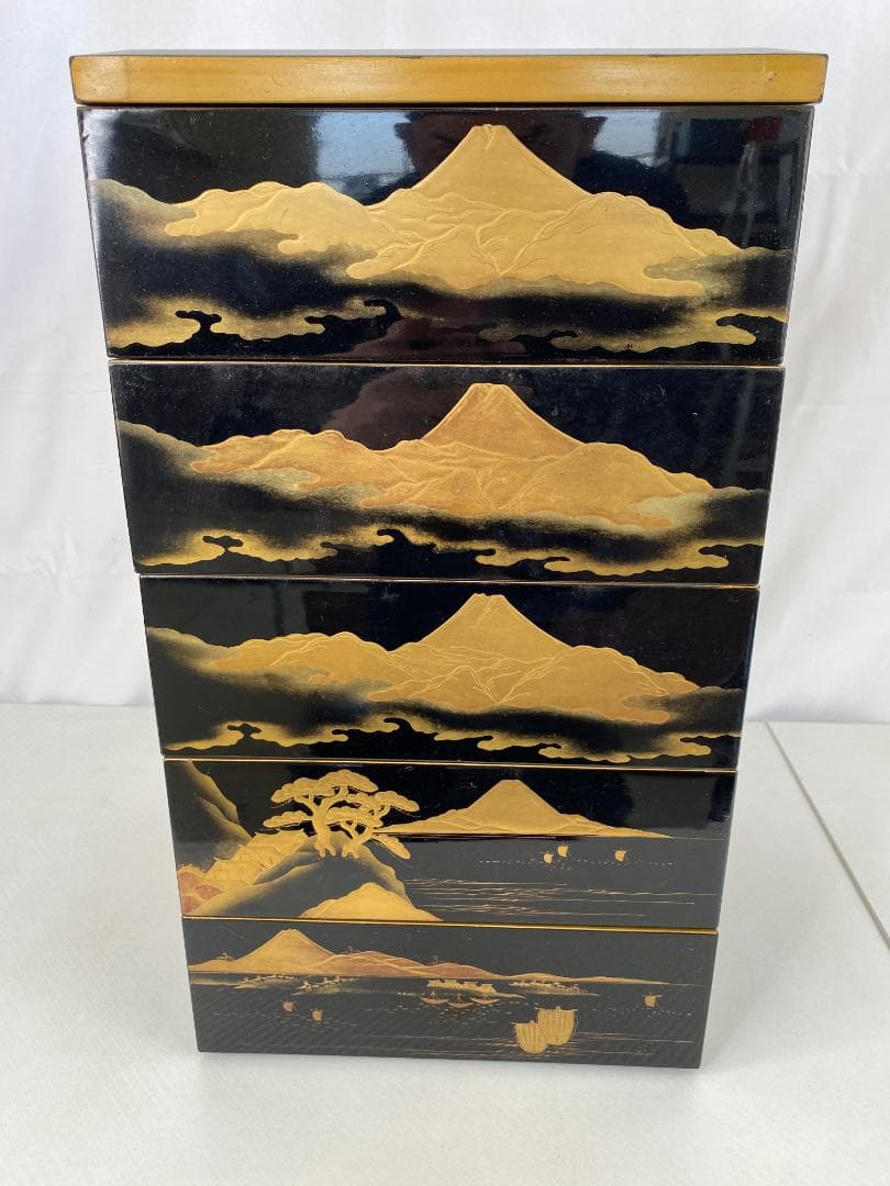 明治期？古漆器 富士風景図変わり 金蒔絵 五段重箱 a0386