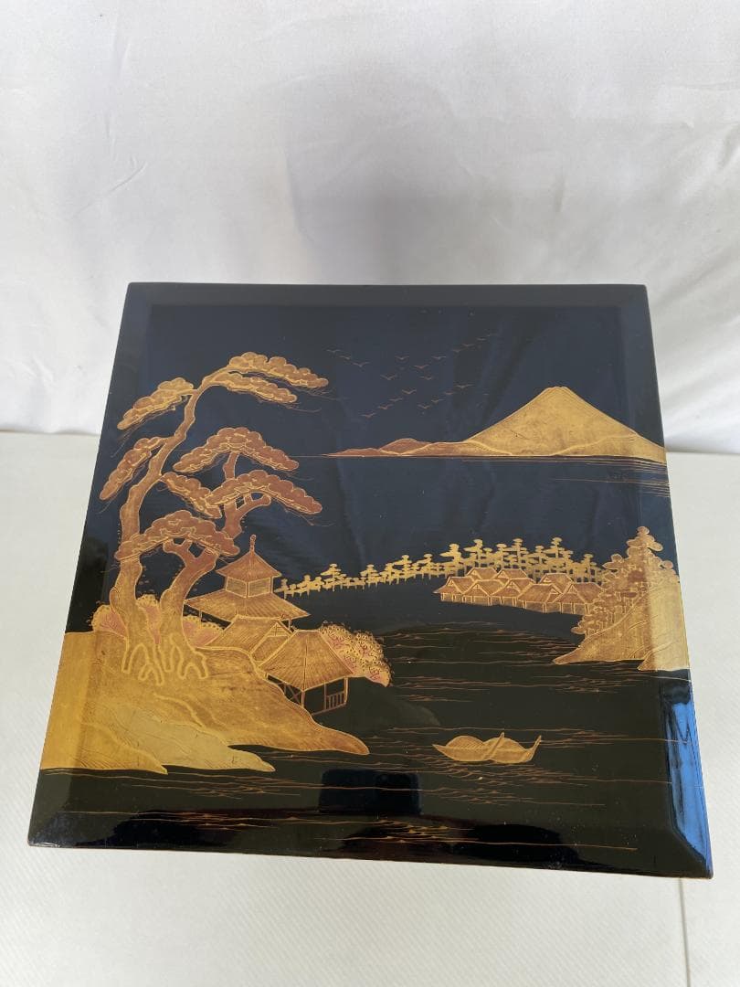 明治期？古漆器 富士風景図変わり 金蒔絵 五段重箱 a0386