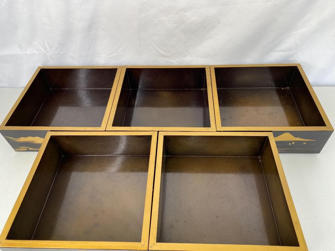 明治期？古漆器 富士風景図変わり 金蒔絵 五段重箱 a0386