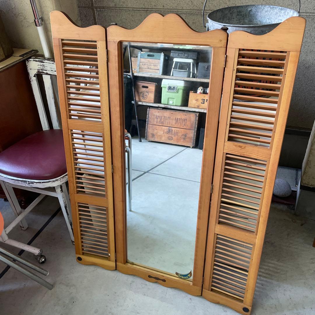 ヴィンテージ ウッドドア ミラー 両開き扉式 壁掛け 鏡 姿見 蚤の市 ルーバー