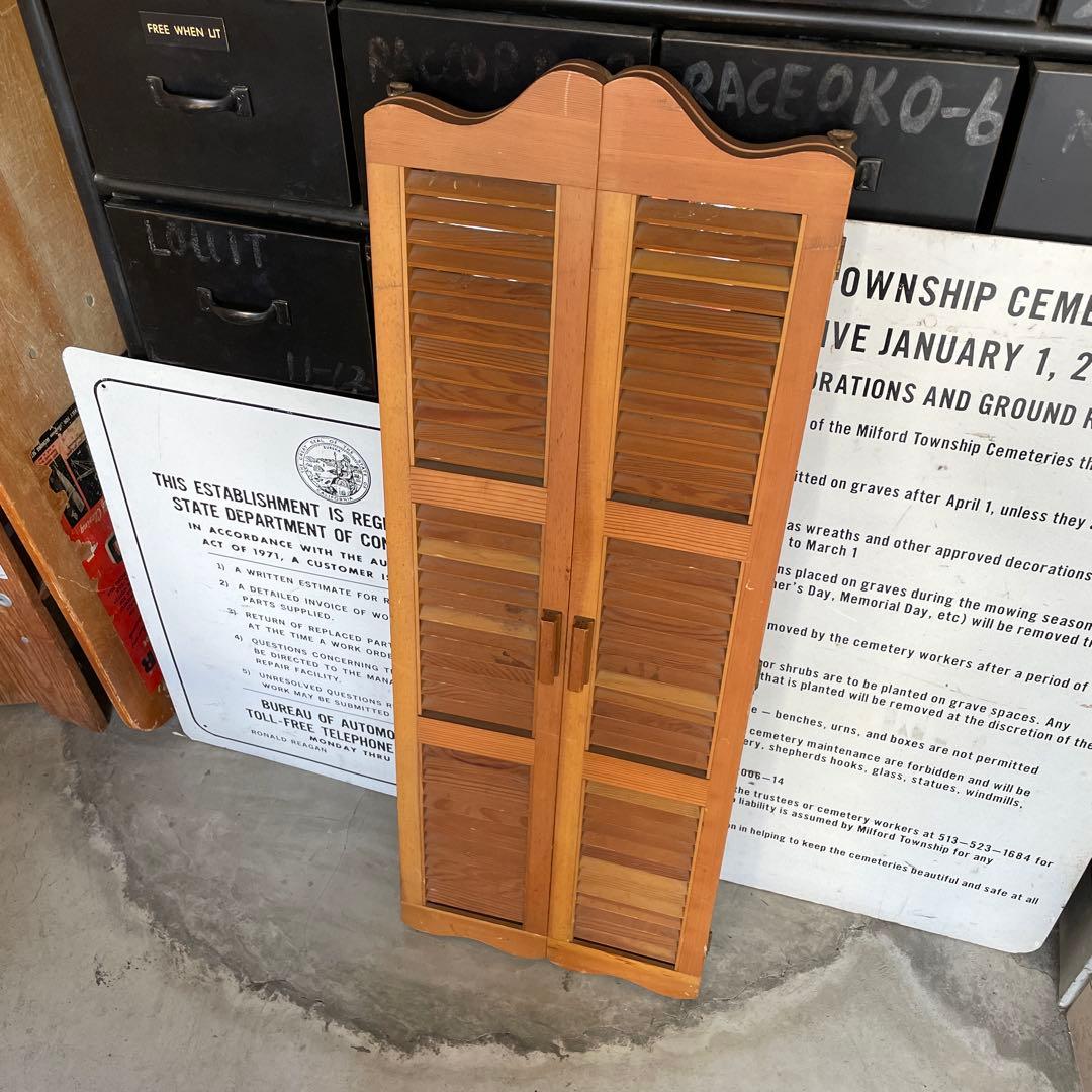 ヴィンテージ ウッドドア ミラー 両開き扉式 壁掛け 鏡 姿見 蚤の市 ルーバー