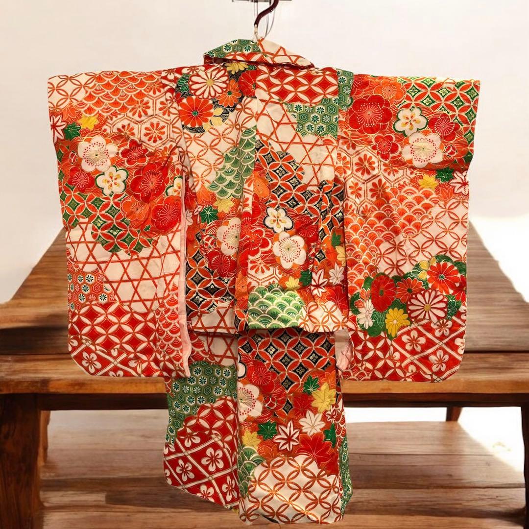 七五三 3歳 女の子 被布コートセット レトロモダン 赤系 花柄 フルセット