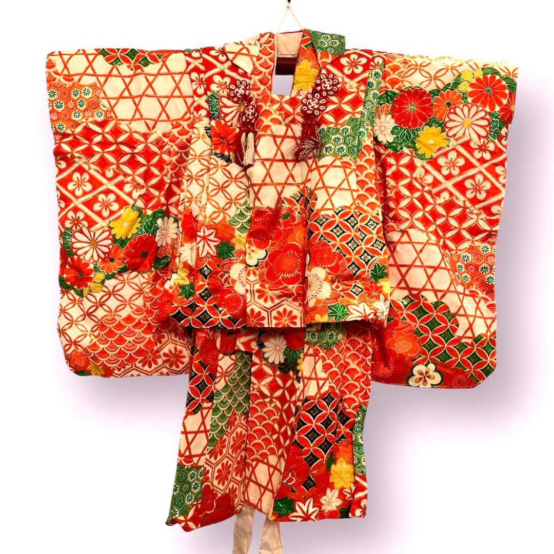 七五三 3歳 女の子 被布コートセット レトロモダン 赤系 花柄 フルセット