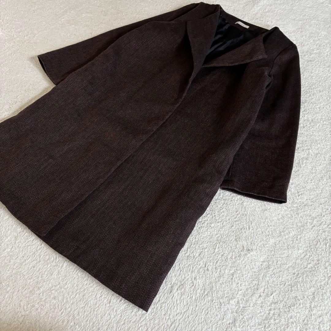 美品 フォグリネンワーク FLW リネンウールヘリンボーンノーカラーコート 茶