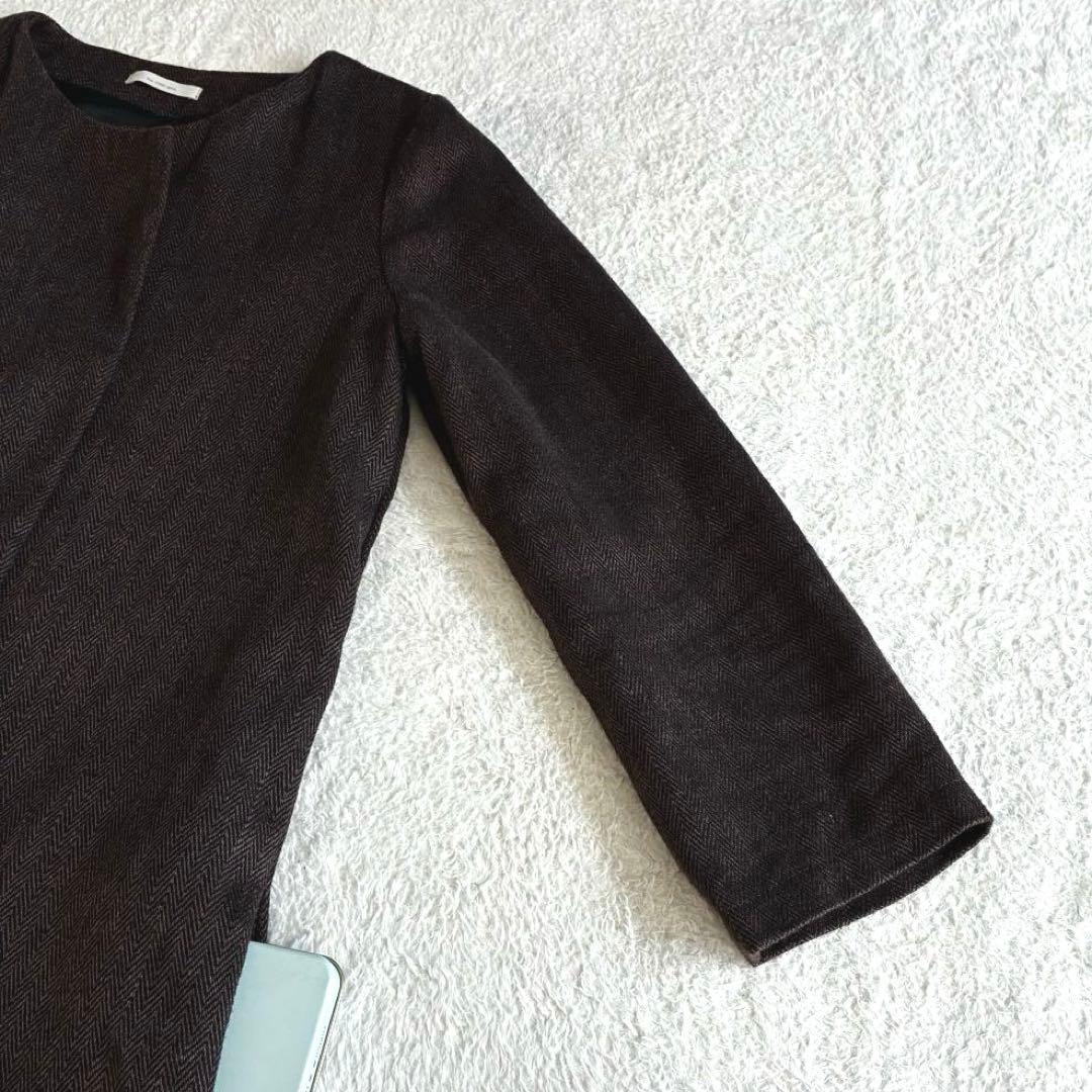 美品 フォグリネンワーク FLW リネンウールヘリンボーンノーカラーコート 茶