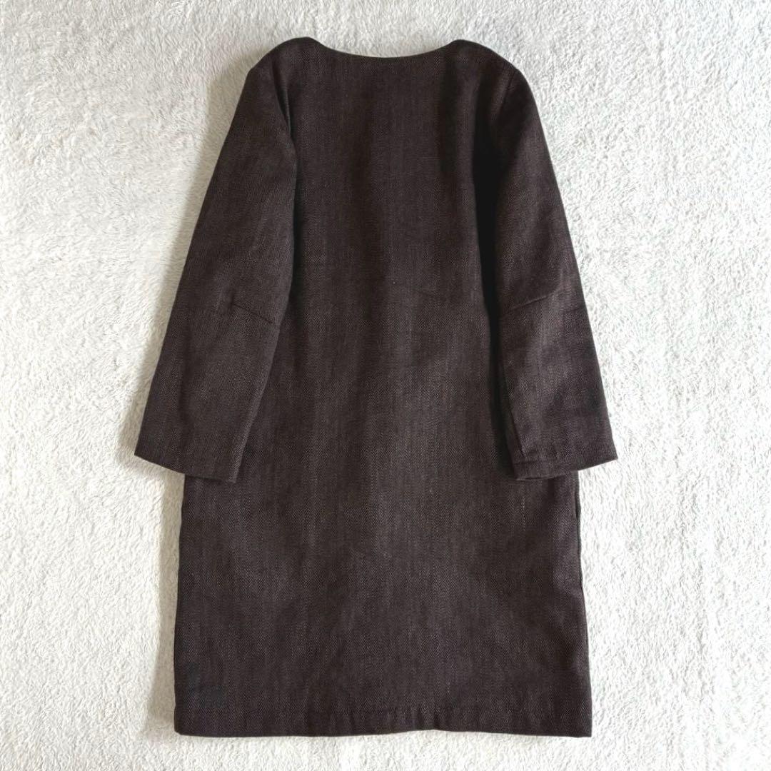 美品 フォグリネンワーク FLW リネンウールヘリンボーンノーカラーコート 茶