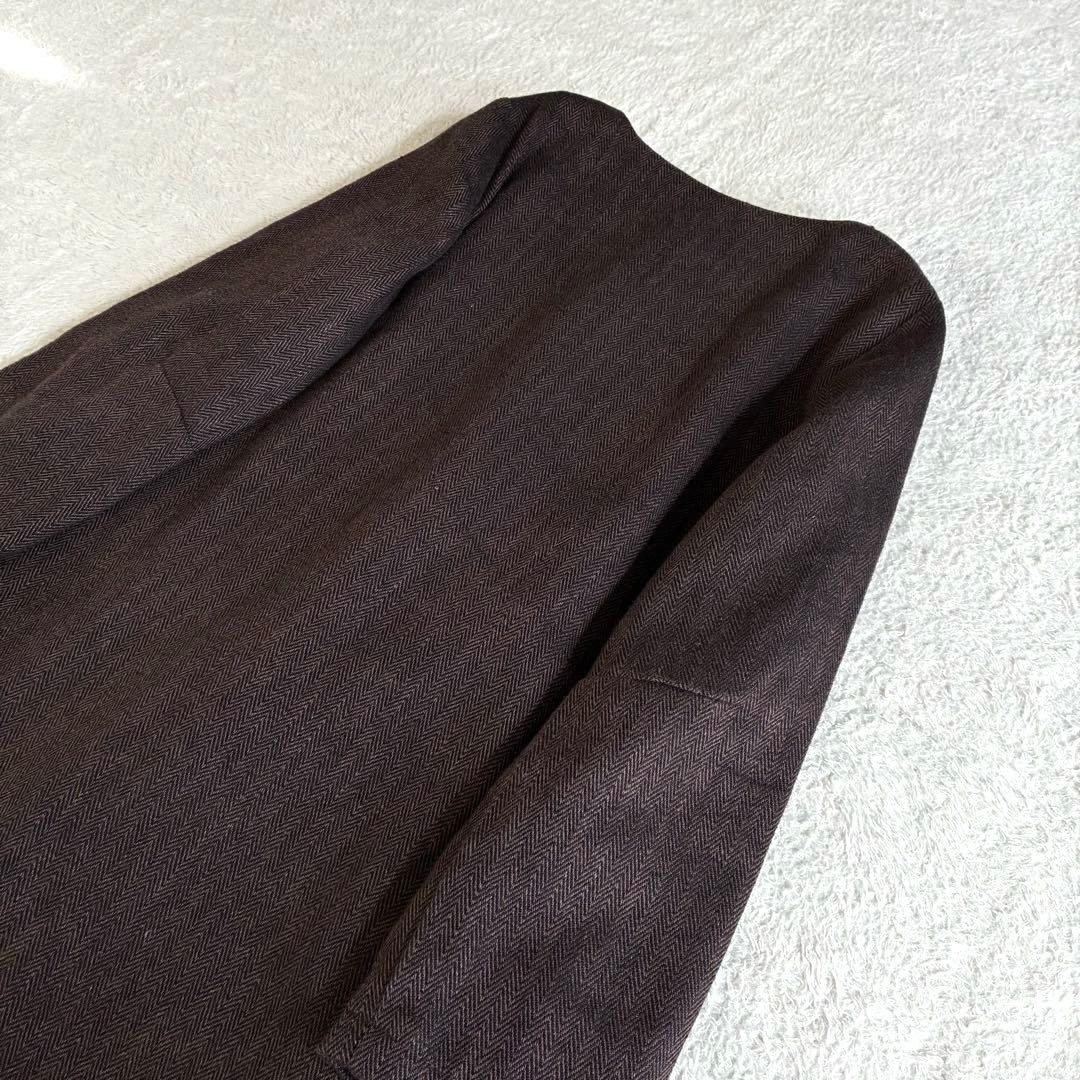 美品 フォグリネンワーク FLW リネンウールヘリンボーンノーカラーコート 茶