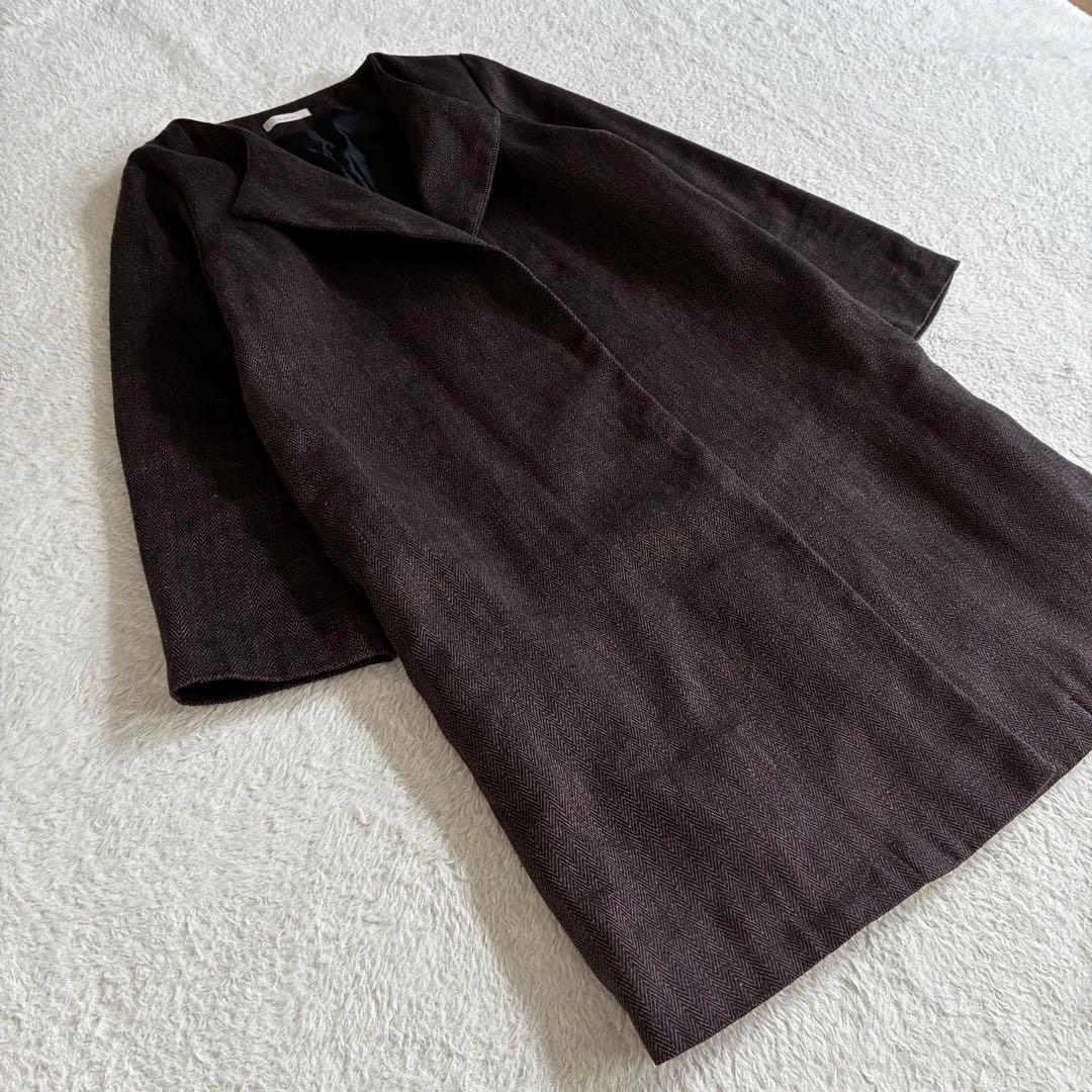 美品 フォグリネンワーク FLW リネンウールヘリンボーンノーカラーコート 茶