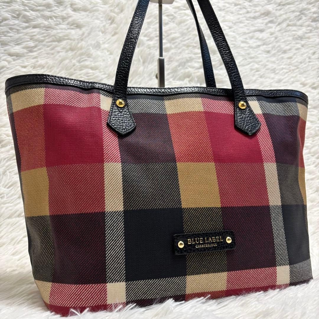 極美品★ブルーレーベルクレストブリッジ　トートバッグ　チェック　A4 赤　PVC