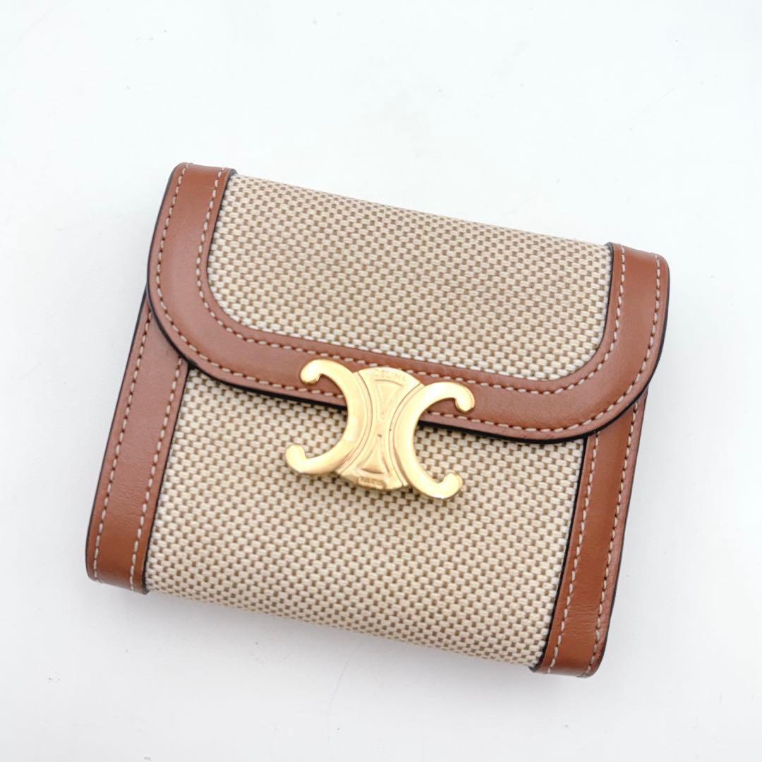 美品/現行✨セリーヌ 折り財布 トリオンフ デカロゴ レザー キャンバス