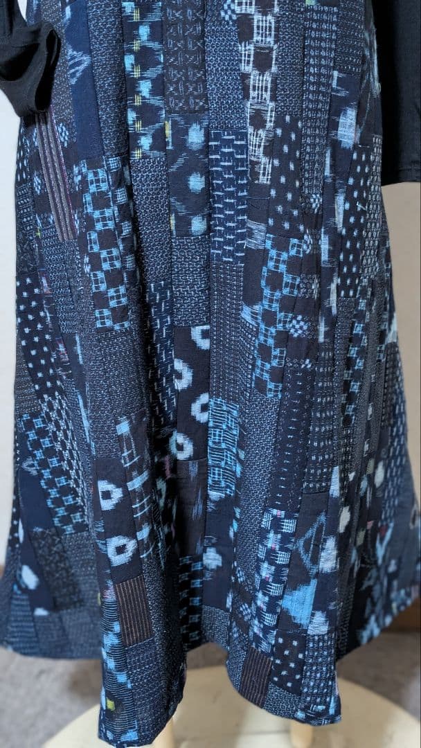 久留米絣　書生絣　藍染古布着物リメイクロングワンピース　A 15