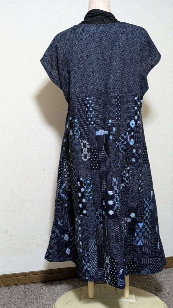 久留米絣　書生絣　藍染古布着物リメイクロングワンピース　A 15