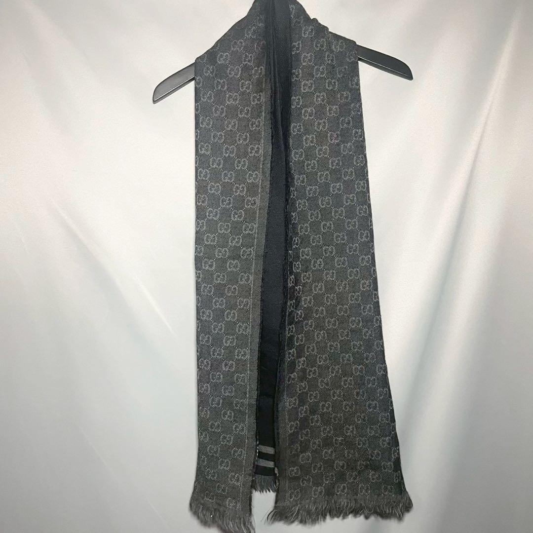 GUCCI グッチ ウールマフラー GG柄 ショール ブラック 総柄