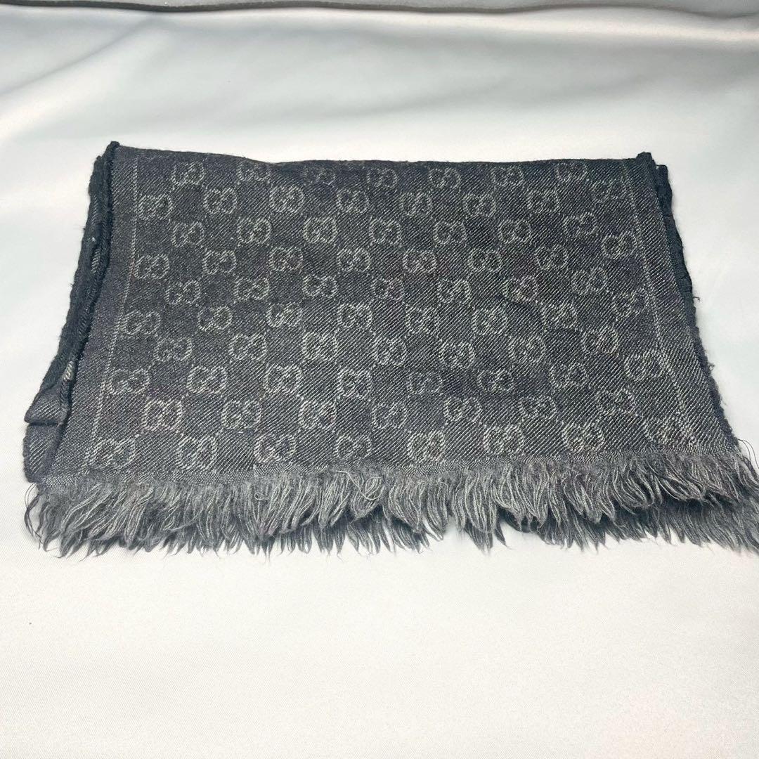 GUCCI グッチ ウールマフラー GG柄 ショール ブラック 総柄
