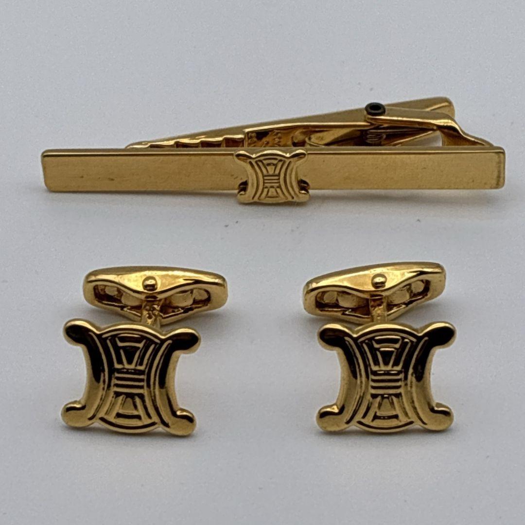 【美品】CELINE カフス カフリンクス タイピン トリオンフ マカダム 金色