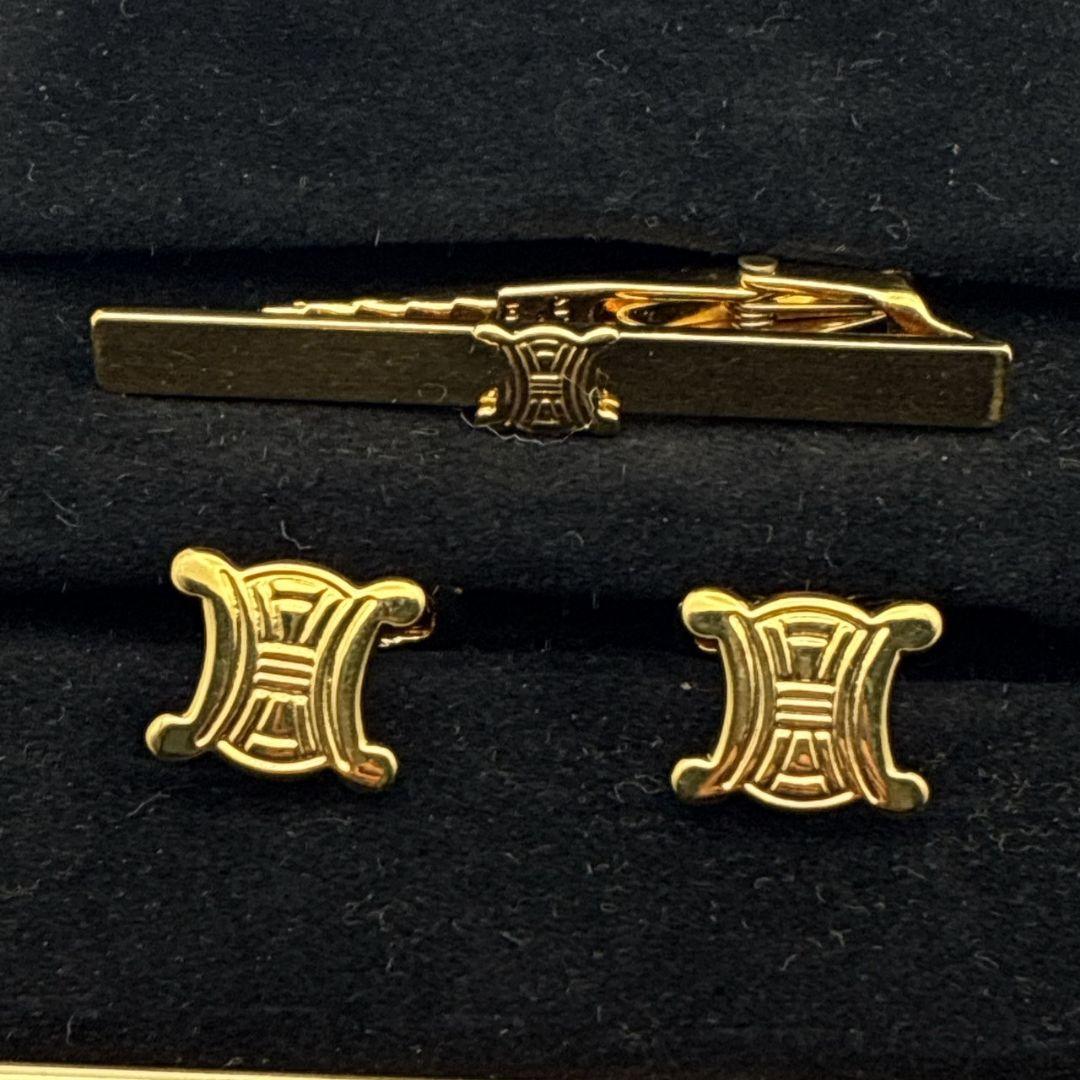 【美品】CELINE カフス カフリンクス タイピン トリオンフ マカダム 金色