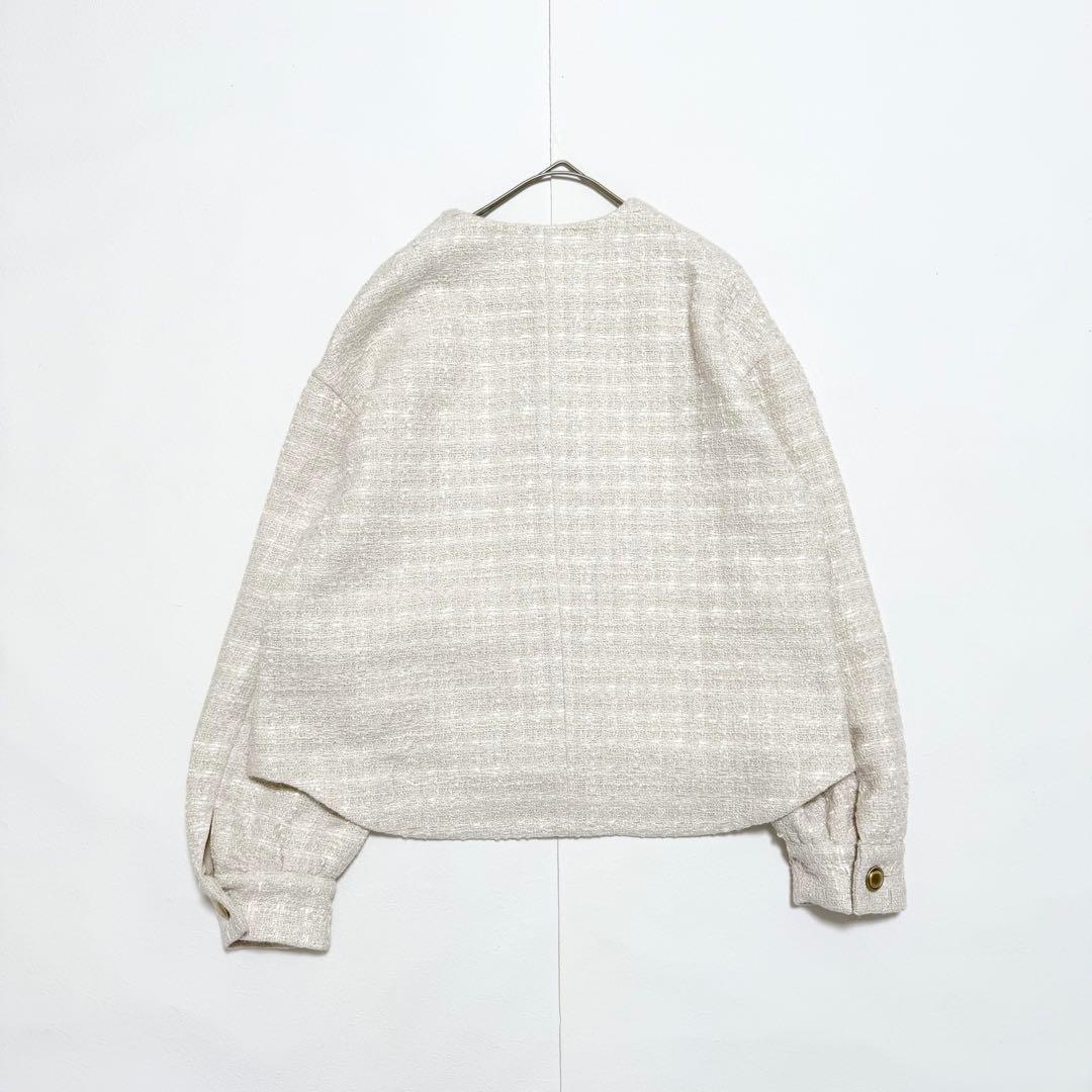 美品　シップスエニィ　ツイードパフスリーブショートジャケット　ノーカラー　金釦