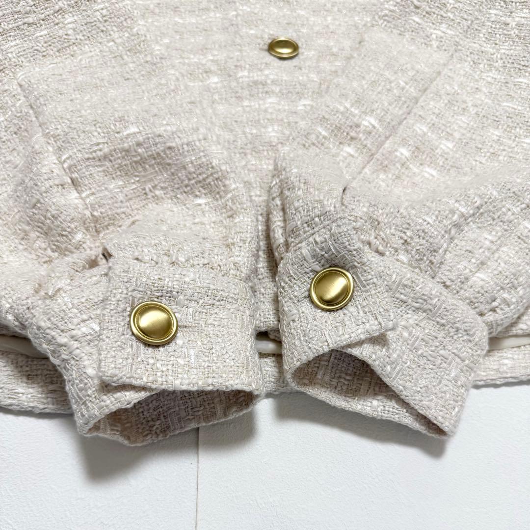 美品　シップスエニィ　ツイードパフスリーブショートジャケット　ノーカラー　金釦