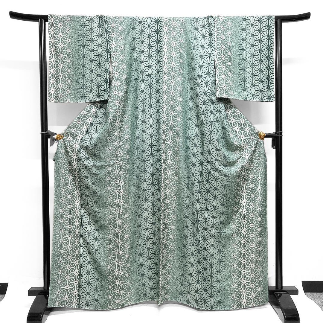 未着用　小紋　麻の葉　たたき染　縦縞　花紗綾形地紋　着物　115b d ms