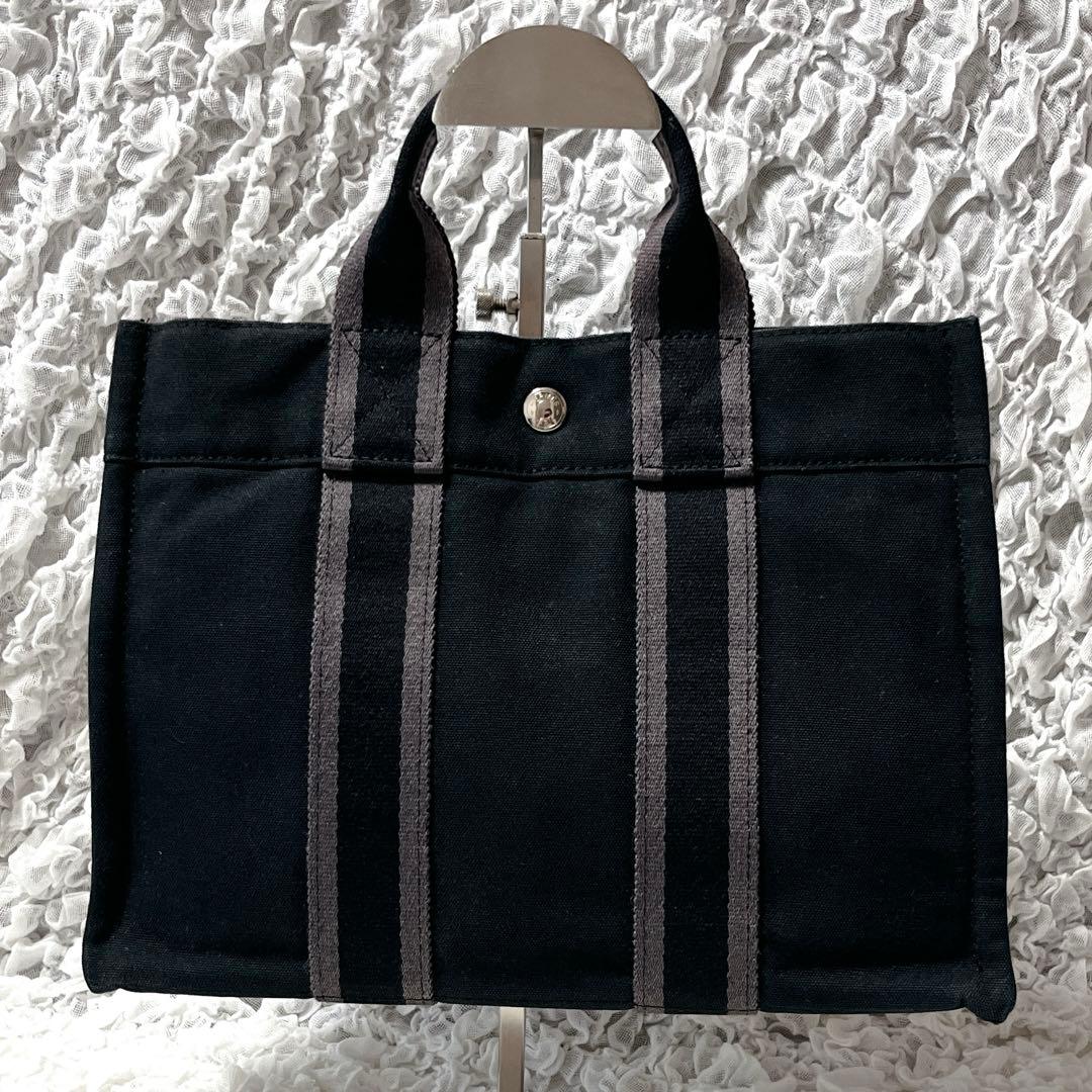 美品✨フールトゥPM エルメス　トートバッグ　キャンバス　黒　ストライプ