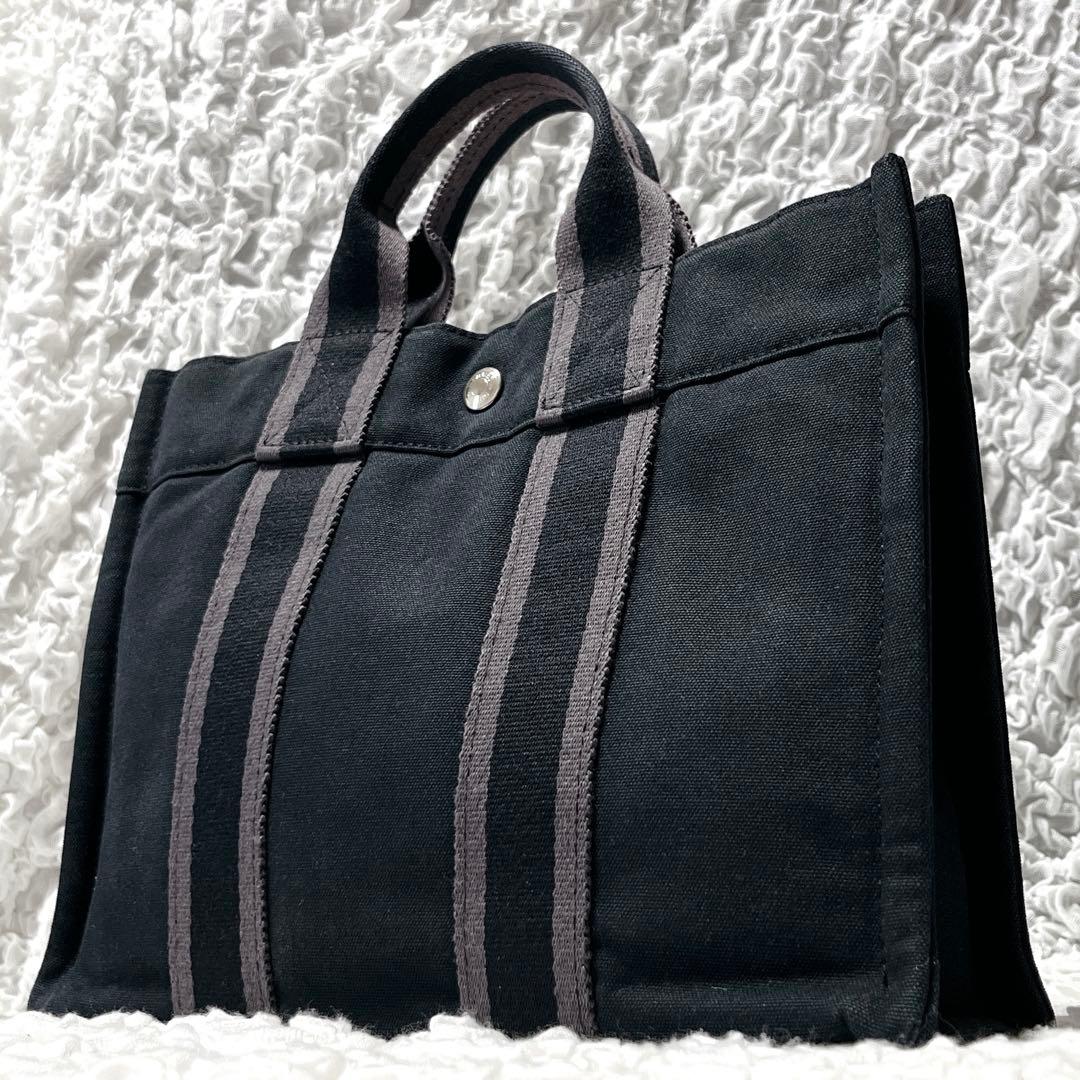 美品✨フールトゥPM エルメス　トートバッグ　キャンバス　黒　ストライプ