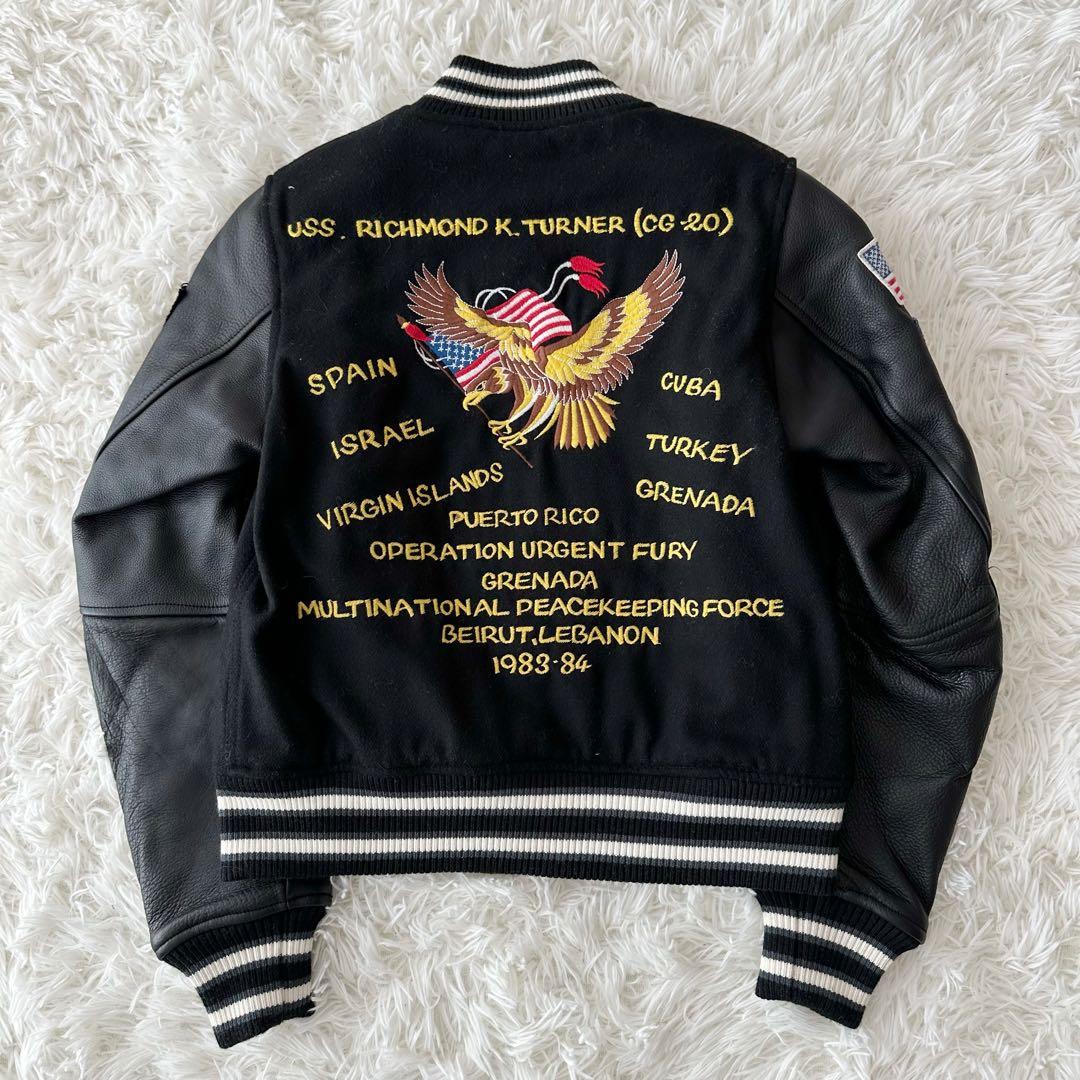 AVIREX スタジャン 袖切替 レザー ワッペン Freeサイズ 刺繍ロゴ