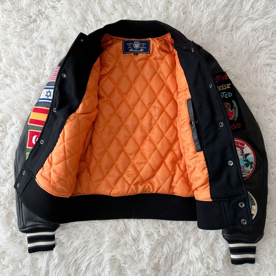 AVIREX スタジャン 袖切替 レザー ワッペン Freeサイズ 刺繍ロゴ