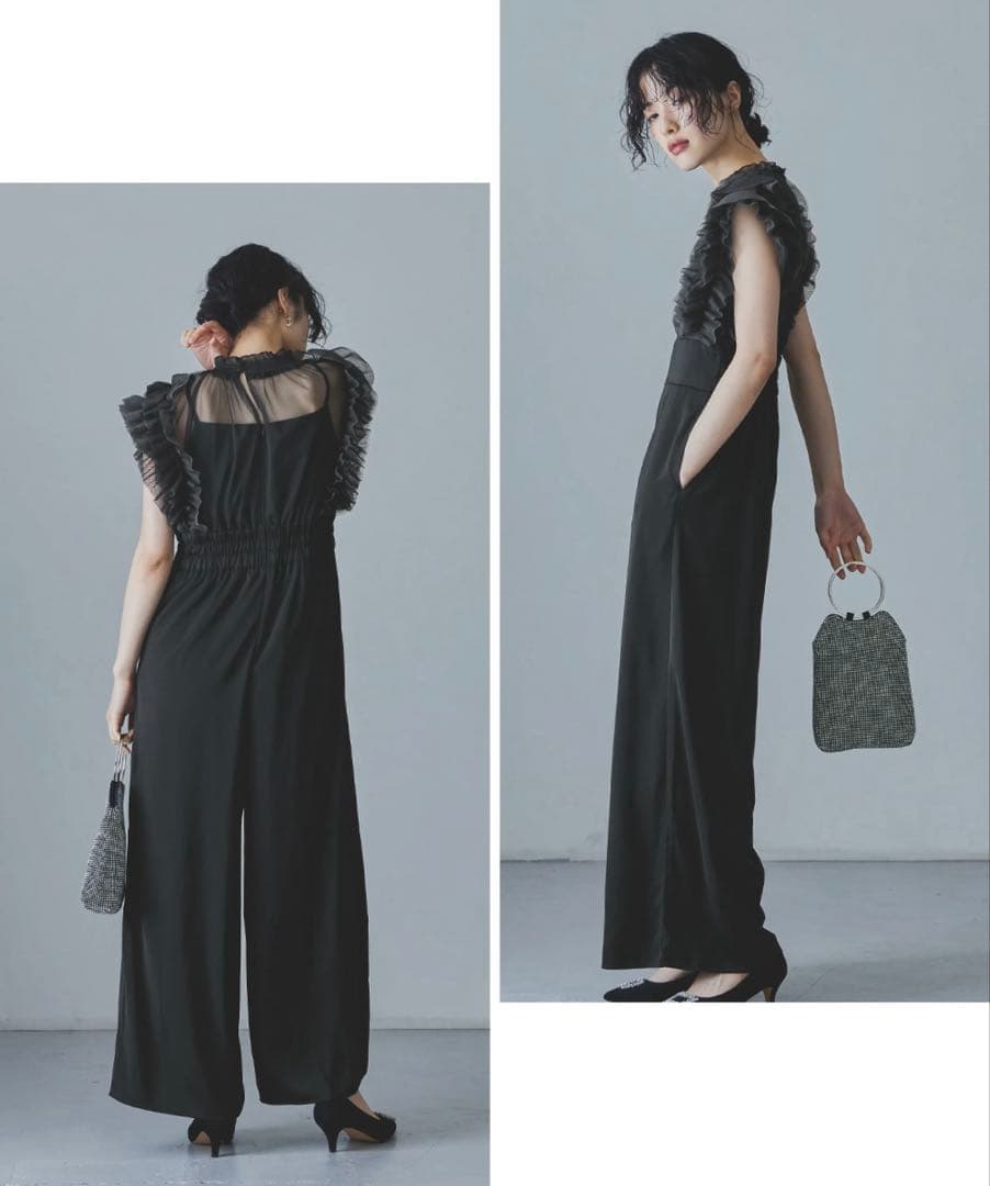 niana フリルハイウエストワイドパンツドレス オールインワン　黒