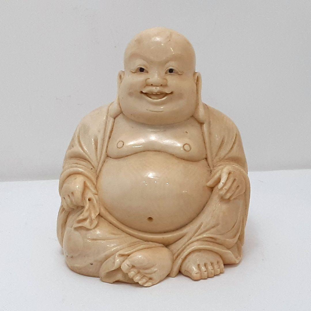 Y1701-5 細密彫刻 極上 布袋置物 唐木台付 総重量319.4g