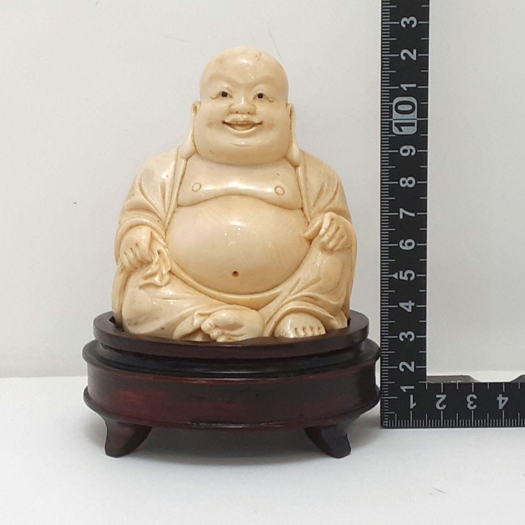 Y1701-5 細密彫刻 極上 布袋置物 唐木台付 総重量319.4g