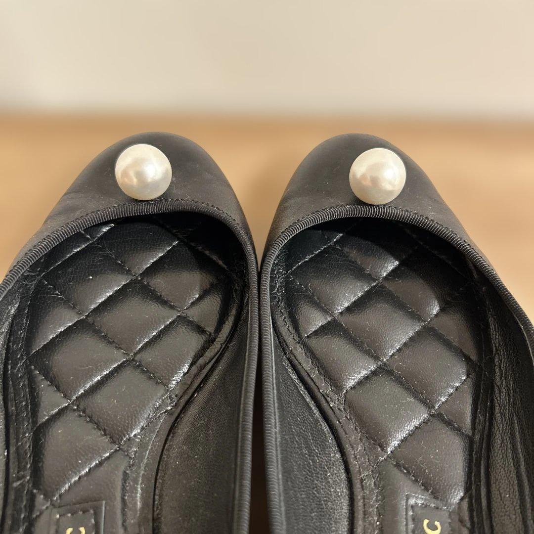 PIPPICHIC 黒レザーパールフラットシューズ24センチ