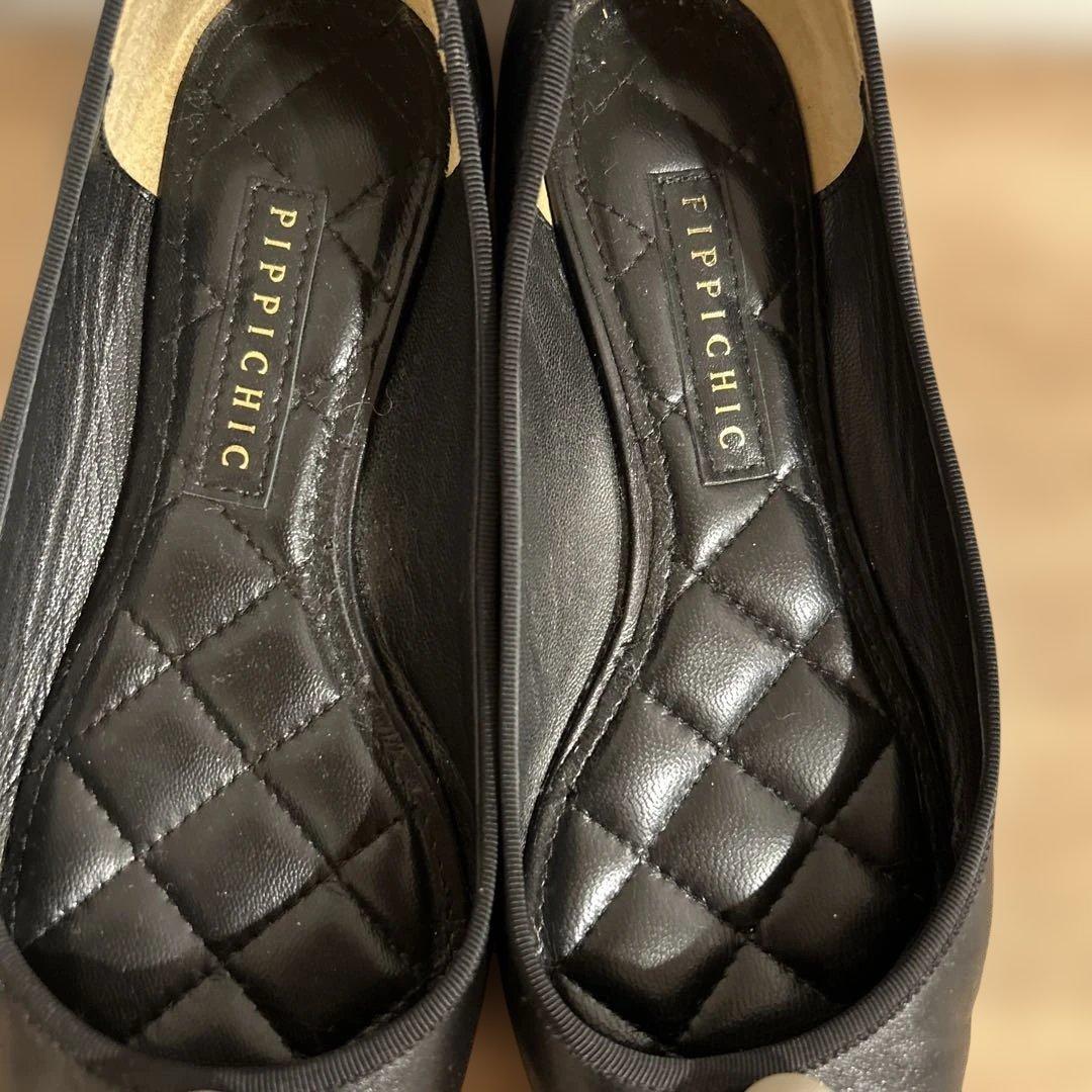 PIPPICHIC 黒レザーパールフラットシューズ24センチ