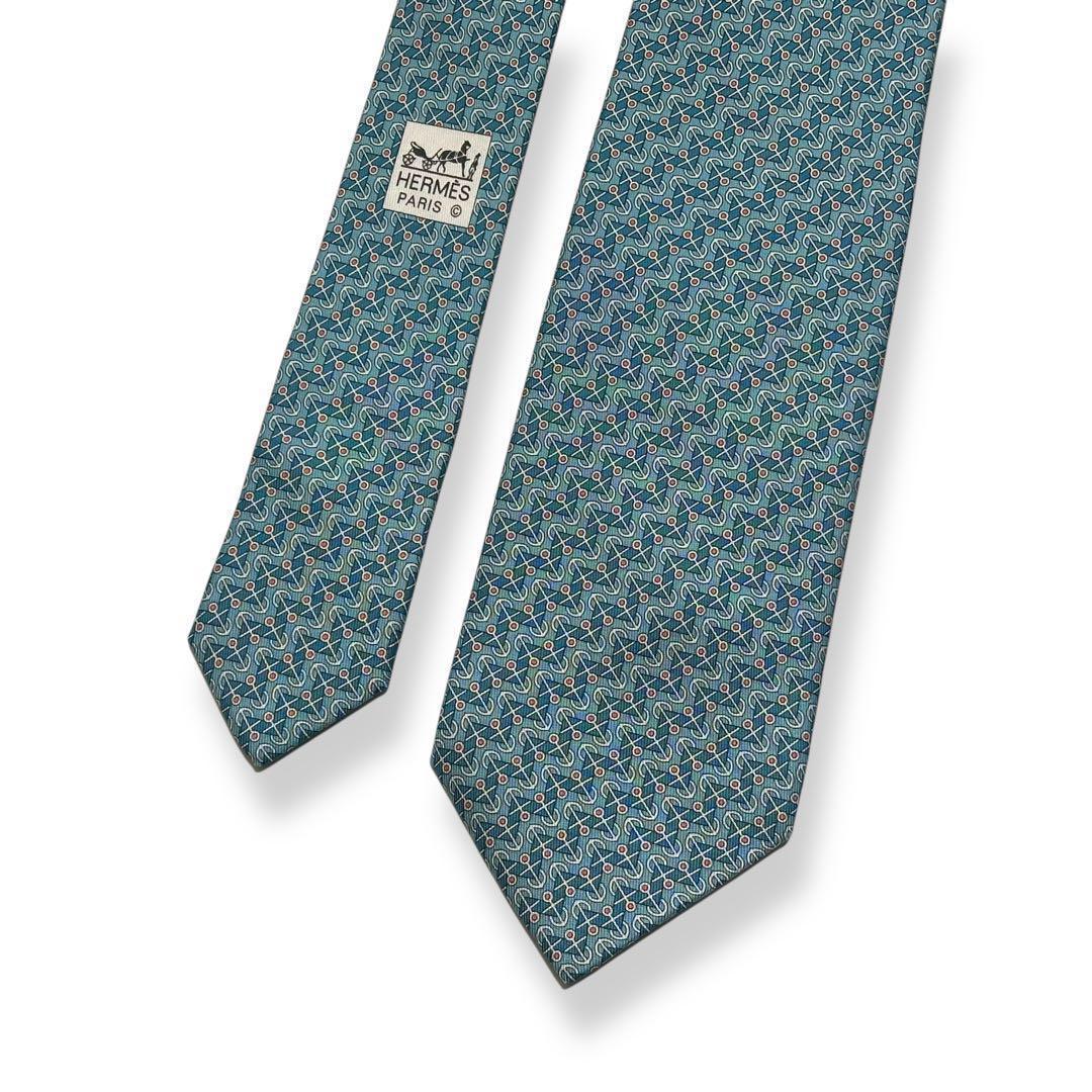 美品✨HERMES ネクタイ　エルメス　碇　マリン　春夏　ブルー　水色　海
