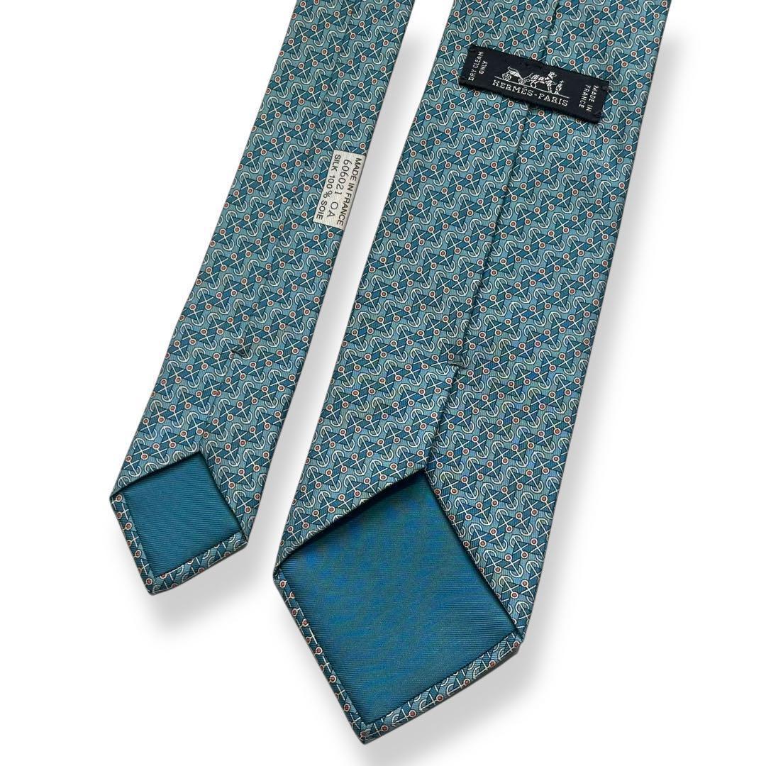 美品✨HERMES ネクタイ　エルメス　碇　マリン　春夏　ブルー　水色　海
