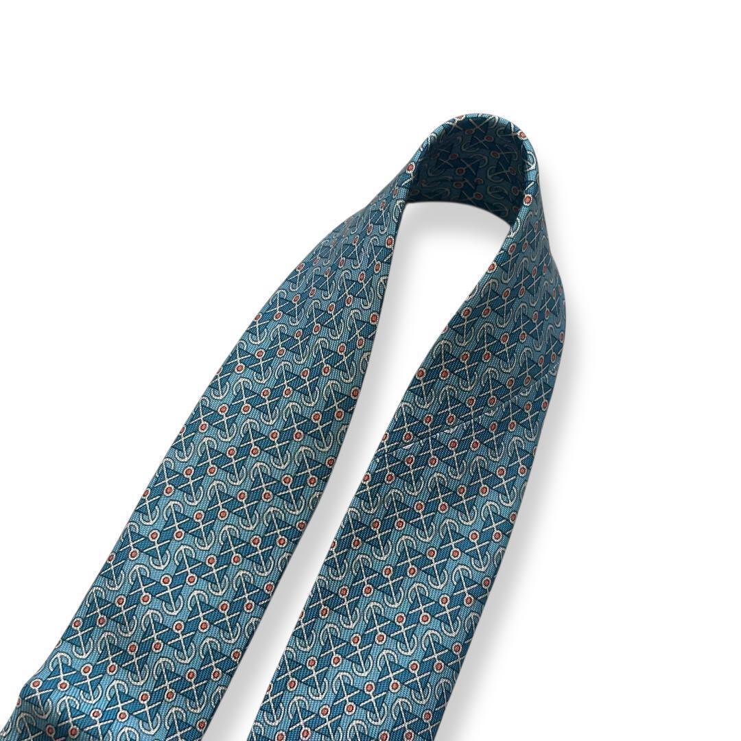 美品✨HERMES ネクタイ　エルメス　碇　マリン　春夏　ブルー　水色　海