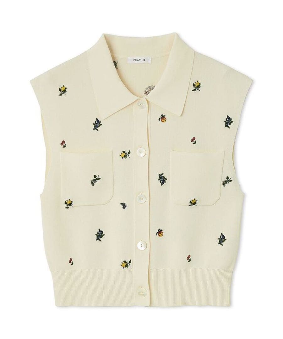 FRAY I.D フルーツ刺繍ポロカラーノースリニットジレ