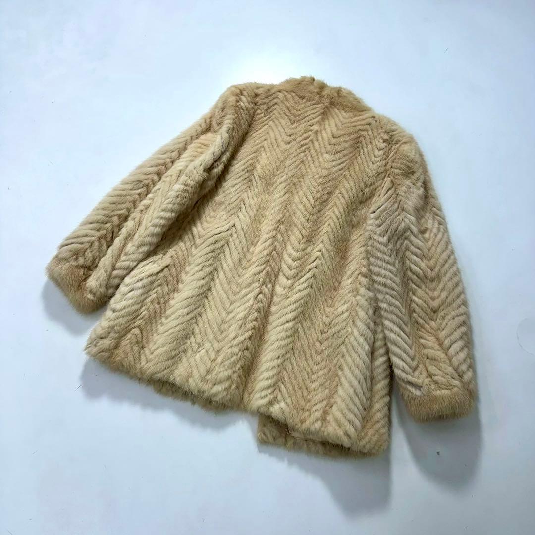 ミンク ファーコート ヘリンボーン柄 ベージュ ノーカラー 本毛皮　レディース