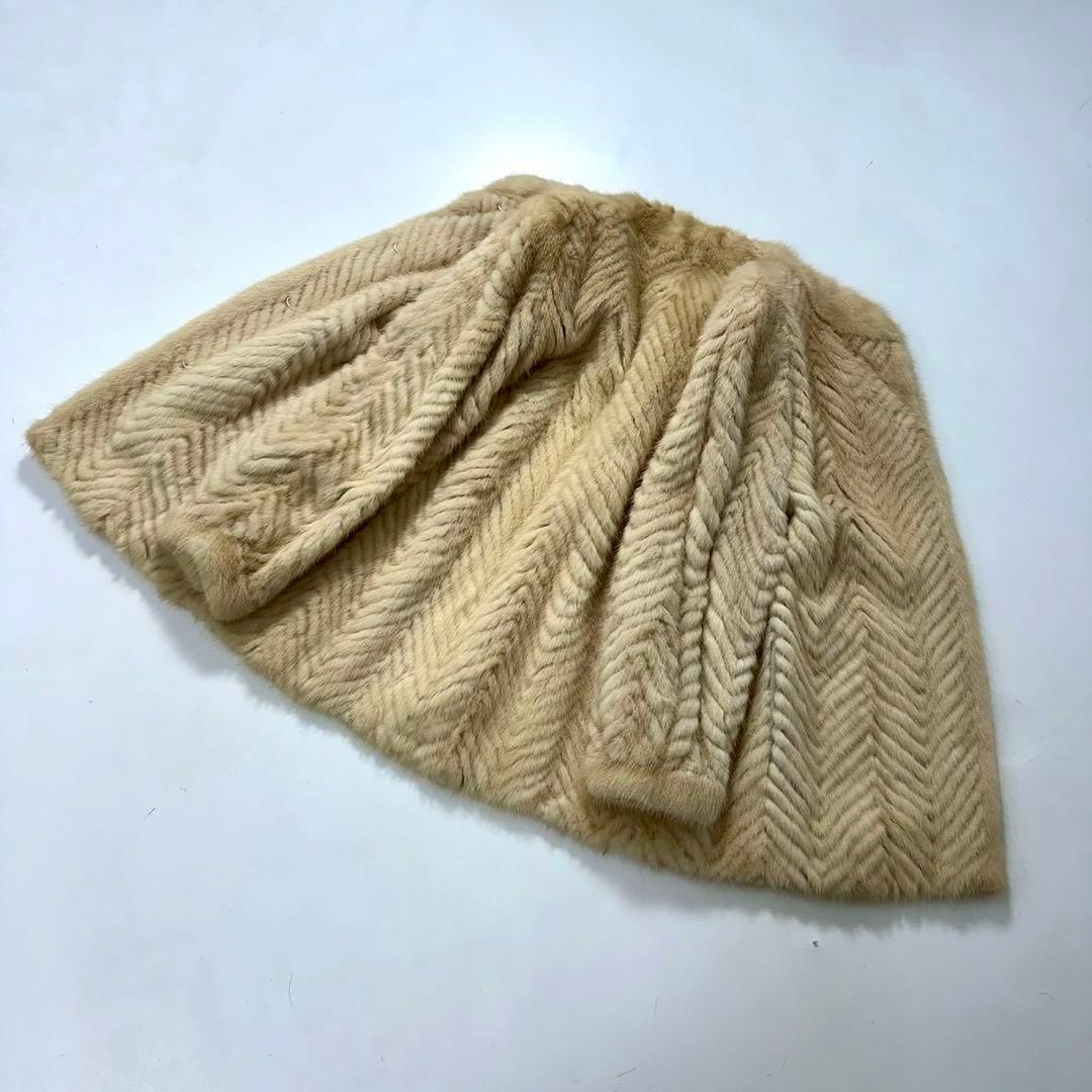 ミンク ファーコート ヘリンボーン柄 ベージュ ノーカラー 本毛皮　レディース