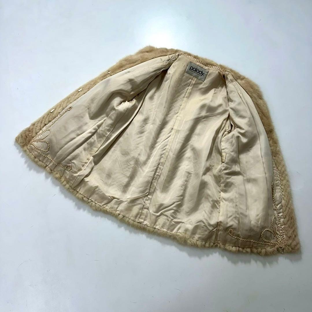 ミンク ファーコート ヘリンボーン柄 ベージュ ノーカラー 本毛皮　レディース