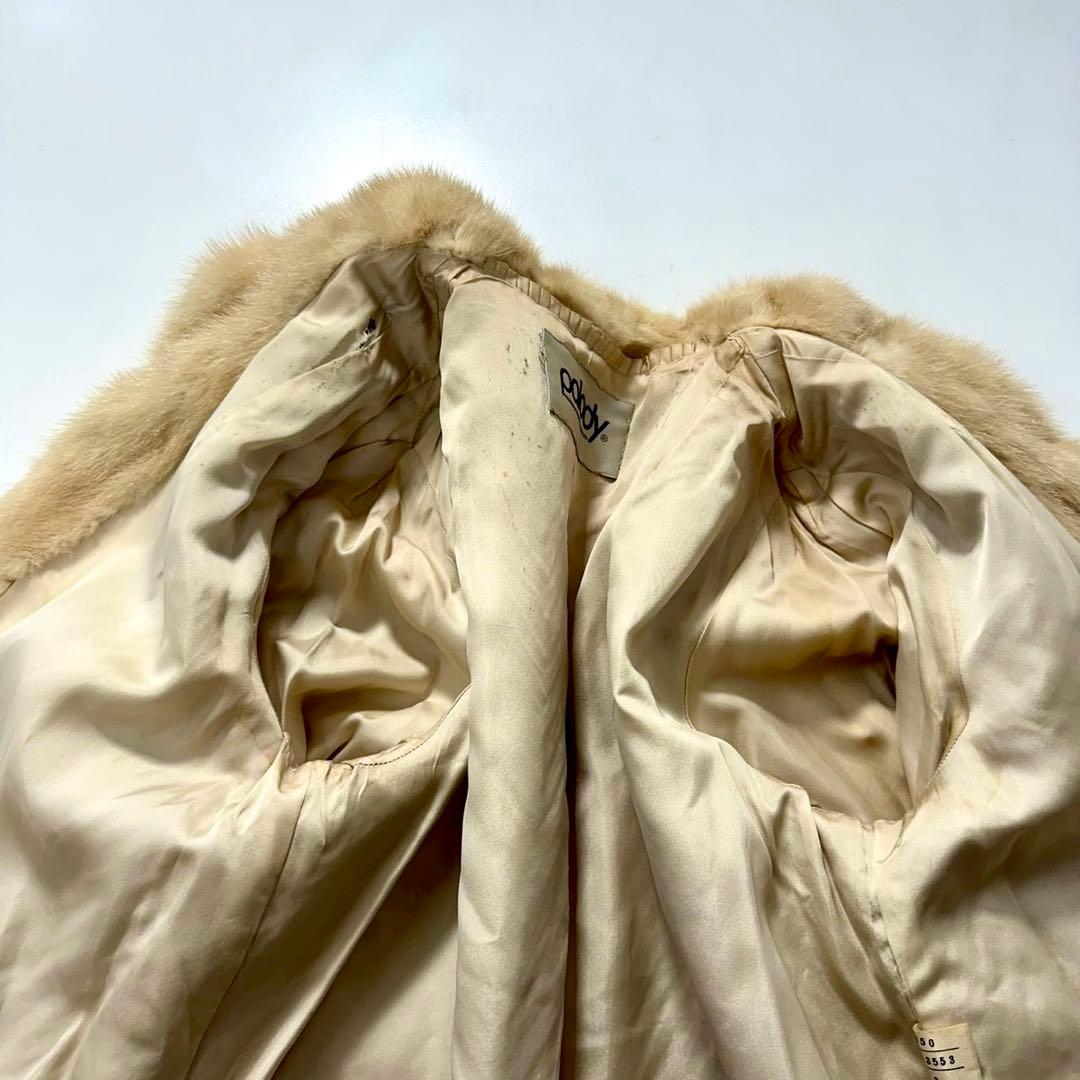 ミンク ファーコート ヘリンボーン柄 ベージュ ノーカラー 本毛皮　レディース