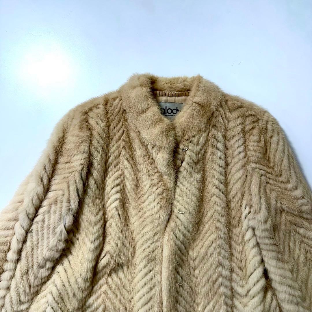 ミンク ファーコート ヘリンボーン柄 ベージュ ノーカラー 本毛皮　レディース