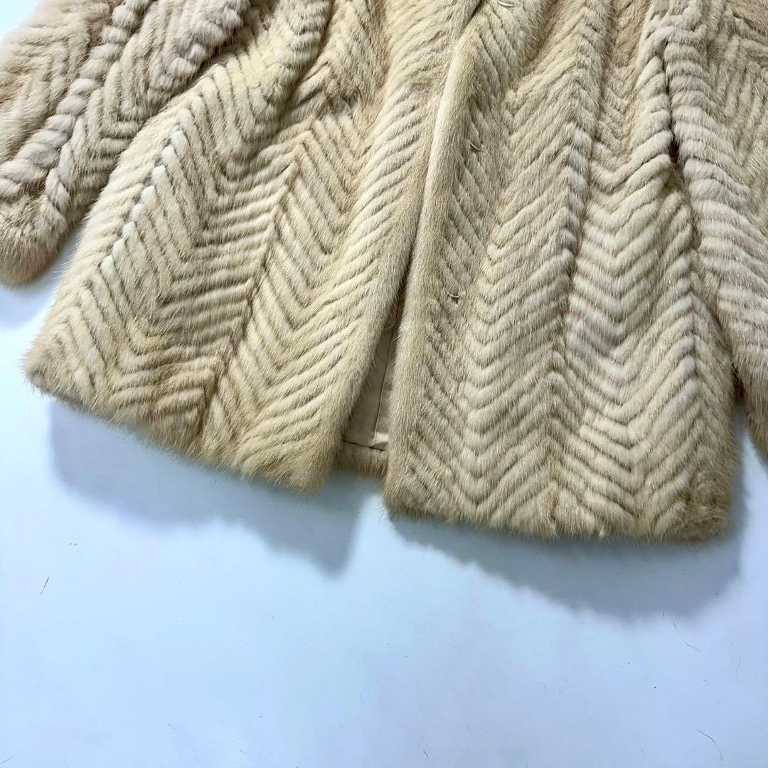 ミンク ファーコート ヘリンボーン柄 ベージュ ノーカラー 本毛皮　レディース