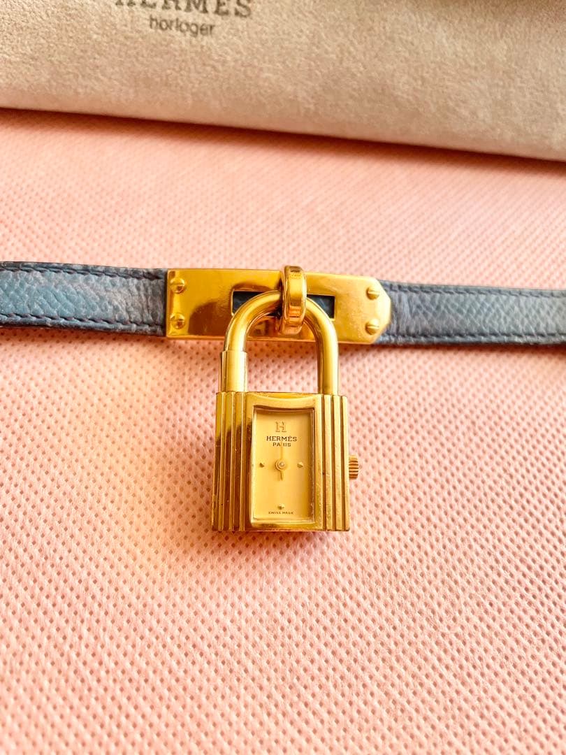 HERMES 青いレザー ケリー腕時計 ゴールド(付属品つき)
