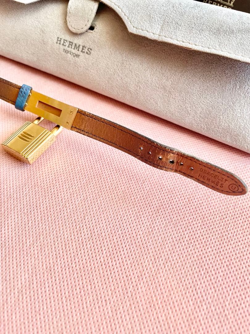 HERMES 青いレザー ケリー腕時計 ゴールド(付属品つき)