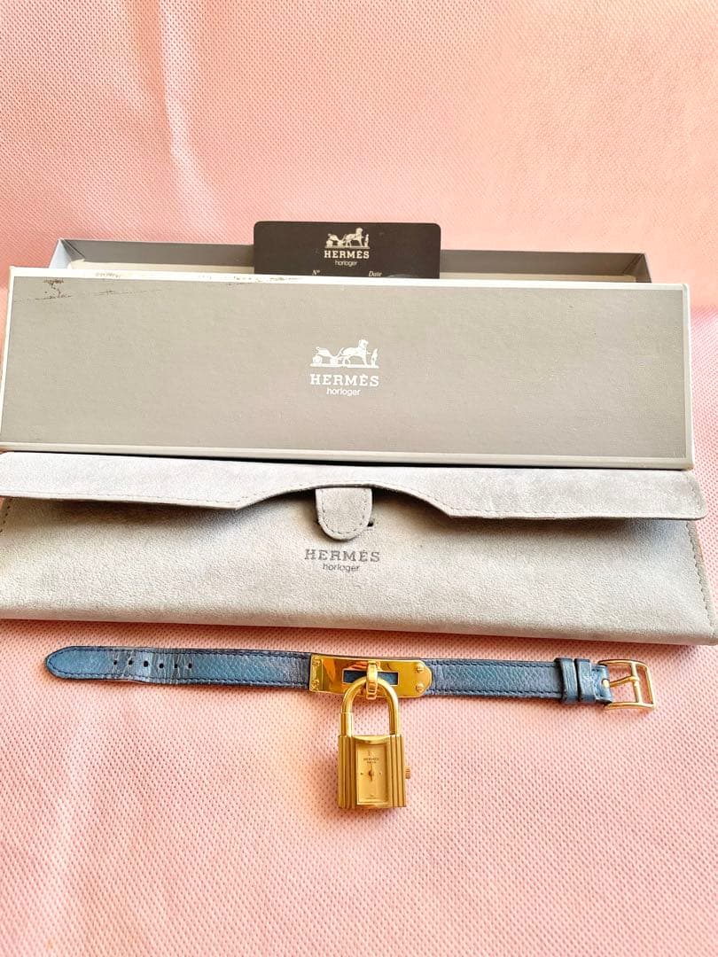 HERMES 青いレザー ケリー腕時計 ゴールド(付属品つき)
